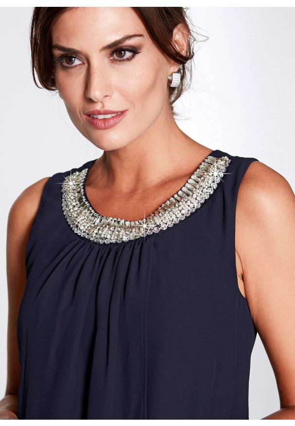 bonprix - Sukienka szyfonowa z aplikacją ze sztrasem. Kolor: niebieski. Materiał: szyfon. Wzór: aplikacja. Styl: elegancki