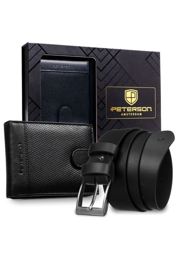 Zestaw prezentowy: skórzany portfel męski w czarnym kolorze zapinany zatrzaskiem i czarny pasek ze skóry ekologicznej - Peterson. Kolor: czarny. Materiał: skóra ekologiczna