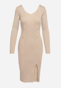 Born2be - Beżowa Sukienka z Dzianiny z Wiskozą o Dopasowanym Kroju z Rozcięciem i Guzikami Vilavia. Okazja: na co dzień. Kolor: beżowy. Materiał: wiskoza, dzianina. Wzór: aplikacja. Typ sukienki: proste. Styl: casual, elegancki #4