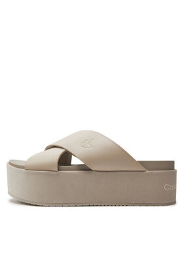Calvin Klein Jeans Klapki Flatform Cross Mg Uc YW0YW01349 Beżowy. Kolor: beżowy. Materiał: skóra
