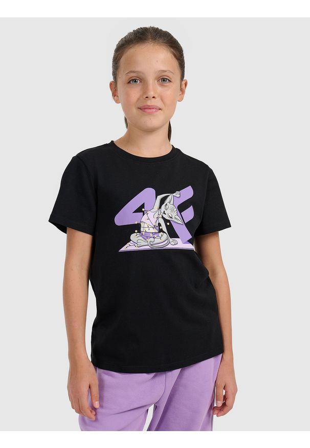 4f - 4F T-shirt regular z nadrukiem świątecznym dziewczęcy - czarny 152 (11-12 lat). Kolor: czarny. Materiał: materiał, bawełna, jeans, skóra. Wzór: nadruk. Sezon: lato. Styl: wizytowy