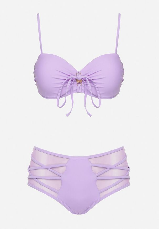 Born2be - Fioletowe Bikini Biustonosz i Majtki Figi z Wysokim Stanem Zdobione Siateczką Kinetia. Stan: podwyższony. Kolor: fioletowy. Wzór: aplikacja