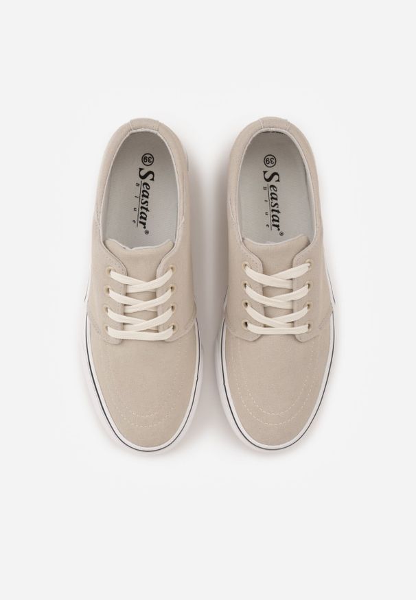 Born2be - Beżowe Klasyczne Tenisówki z Ozdobnym Paskiem przy Podeszwie Ranora. Zapięcie: pasek. Kolor: beżowy. Materiał: jeans, dresówka. Szerokość cholewki: normalna. Wzór: gładki. Styl: klasyczny