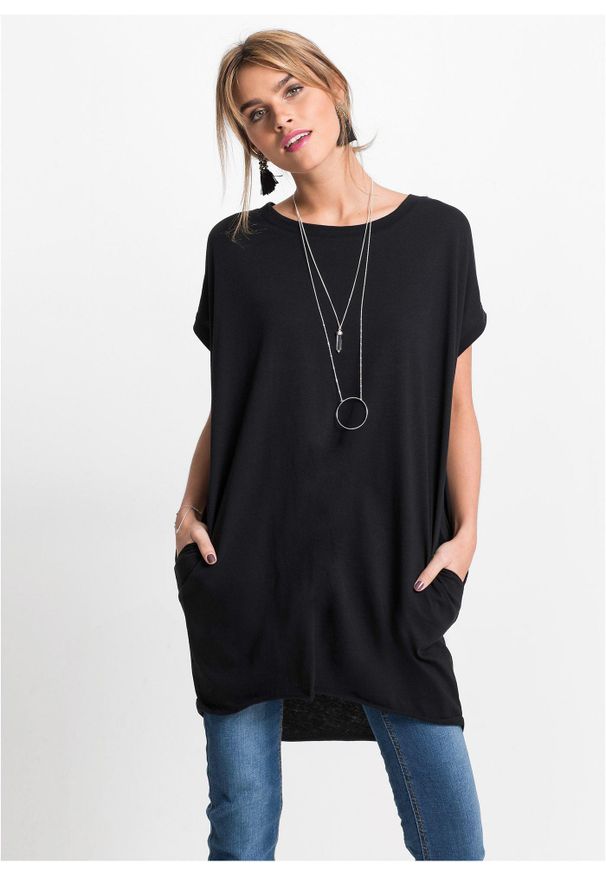 bonprix - Długi T-shirt z czystej bawełny. Kolor: czarny. Materiał: bawełna. Długość rękawa: krótki rękaw. Długość: długie