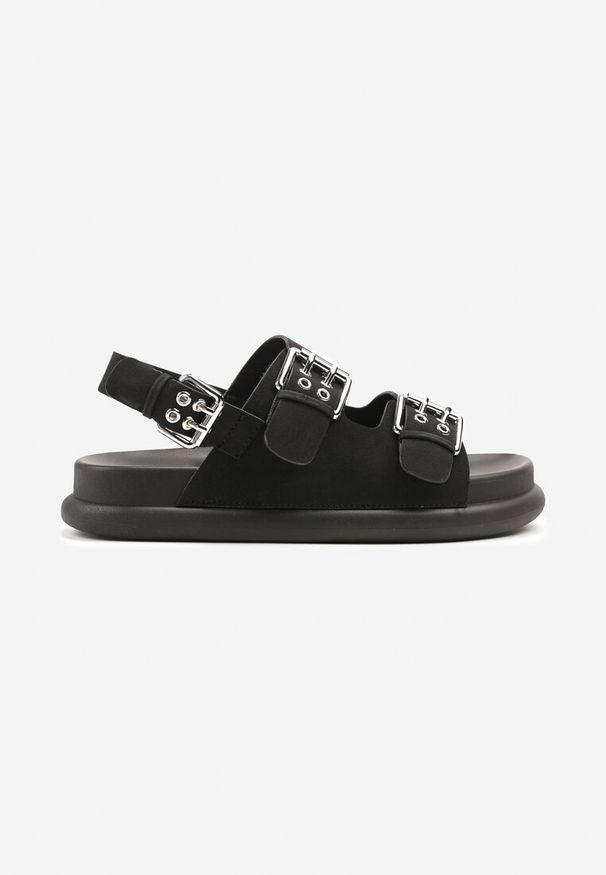Renee - Czarne Sandały z Ozdobnymi Paskami ze Sprzączkami Fillea. Okazja: na co dzień. Zapięcie: pasek. Kolor: czarny. Materiał: jeans. Styl: elegancki, casual