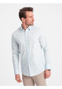 Ombre Clothing - Klasyczna męska bawełniana koszula SLIM FIT w rybki - błękitna V4 OM-SHCS-0156 - XXL. Typ kołnierza: kołnierzyk klasyczny. Kolor: niebieski. Materiał: bawełna. Długość rękawa: długi rękaw. Długość: długie. Wzór: nadruk. Styl: klasyczny #4