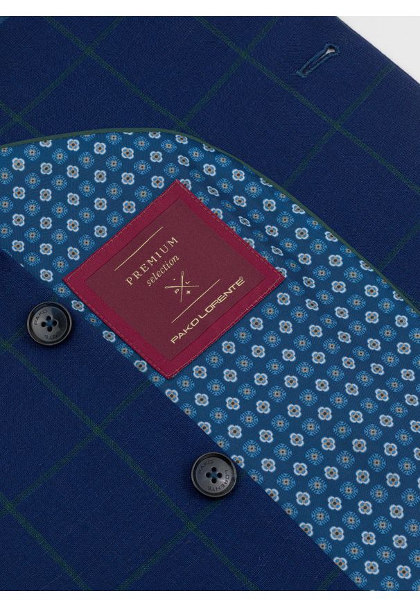 Pako Lorente - PAKO LORENTE – Granatowa casualowa marynarka męska w zieloną kratę. Okazja: na co dzień. Kolor: zielony, niebieski, wielokolorowy. Materiał: len, wełna. Sezon: lato. Styl: casual