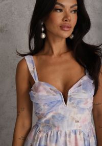 Renee - Niebieska Rozkloszowana Sukienka na Ramiączkach w Kwiaty w Romantycznym Stylu Callisise. Kolor: niebieski. Materiał: poliester. Długość rękawa: na ramiączkach. Wzór: kwiaty. Typ sukienki: rozkloszowane #6