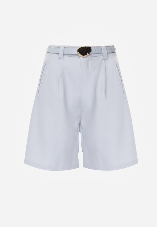 Renee - Niebieskie Szorty Bermudy Eleganckie z Paskiem High Waist Rhodissa. Okazja: na co dzień. Stan: podwyższony. Kolor: niebieski. Materiał: materiał. Styl: elegancki