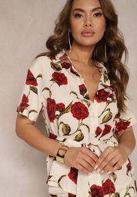 Renee - Beżowo-Bordowa Koszula w Kwiatowy Print Wiązana w Talii Uvularia. Kolor: beżowy. Wzór: kwiaty, nadruk #2