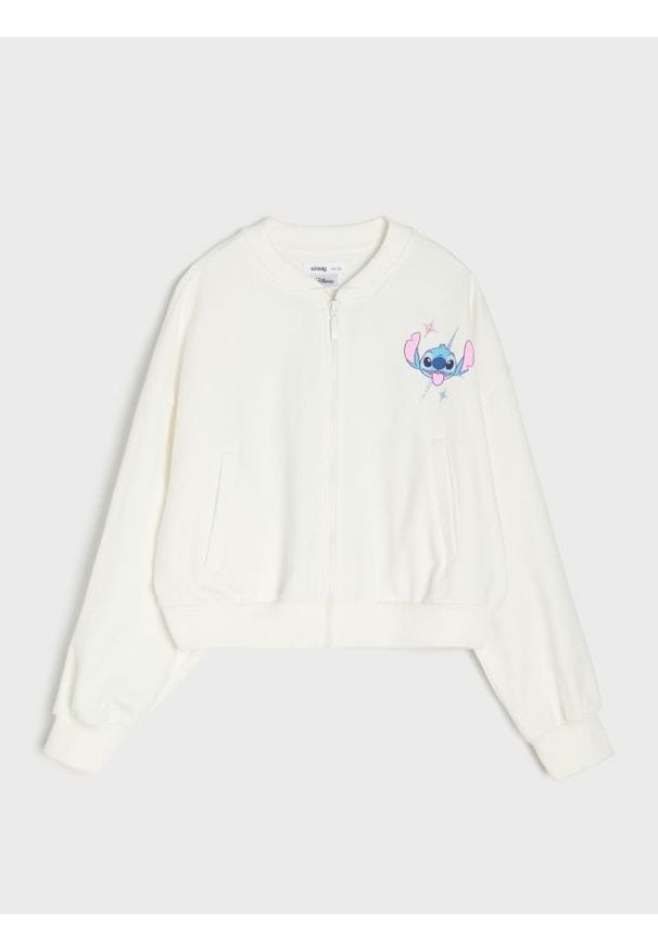 Sinsay - Bluza bomberka z nadrukiem na plecach Stitch - kremowy. Kolor: kremowy. Wzór: nadruk