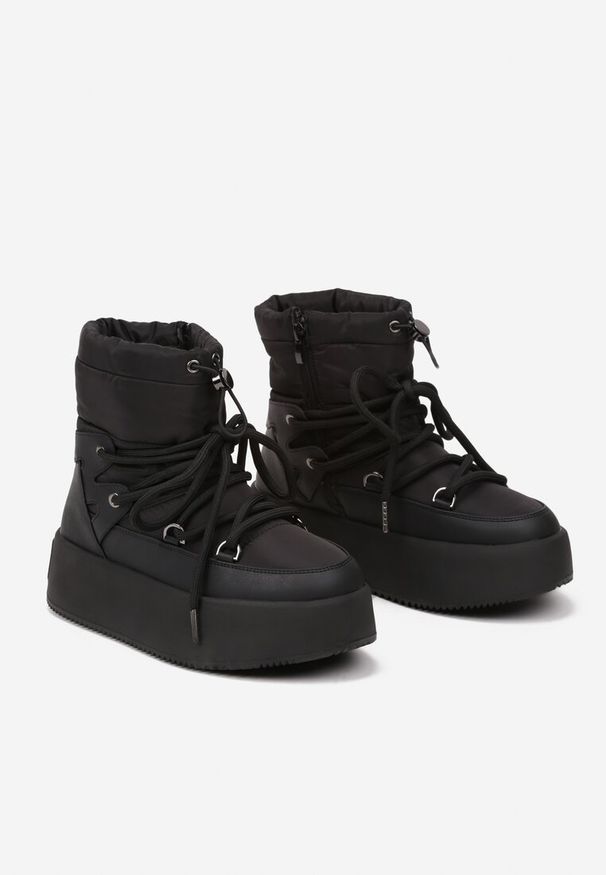 Born2be - Czarne Sznurowane Śniegowce na Grubej Podeszwie ze Ściągaczem Tintoriae. Okazja: na co dzień. Kolor: czarny. Materiał: dzianina, jeans, wełna, puch. Styl: casual, elegancki