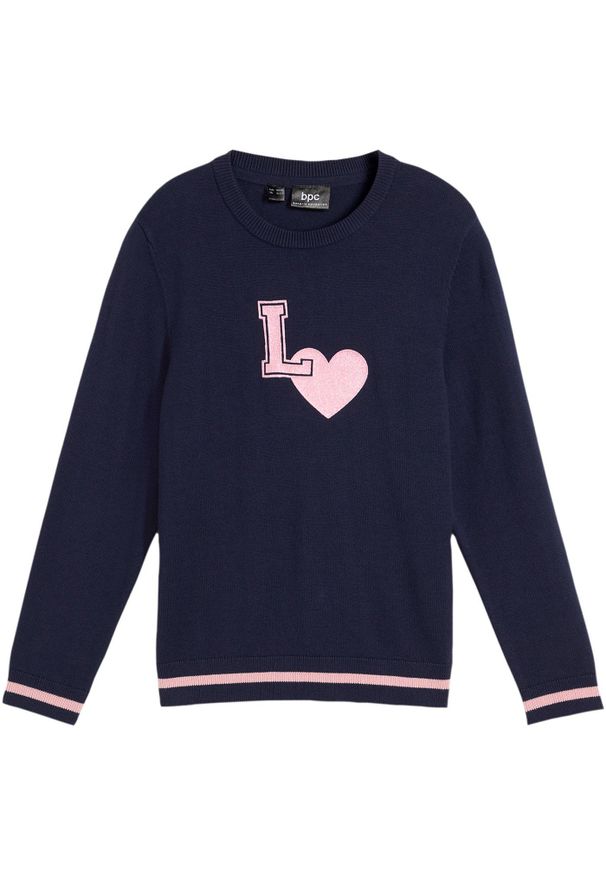 bonprix - Sweter z dzianiny o gładkim splocie drobnych oczek. Kolor: niebieski. Materiał: dzianina. Wzór: nadruk, gładki, ze splotem