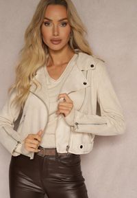Renee - Kremowa Ramoneska Charlee. Kolor: beżowy. Materiał: jeans, zamsz. Długość rękawa: długi rękaw. Długość: długie. Wzór: aplikacja. Styl: klasyczny, wizytowy