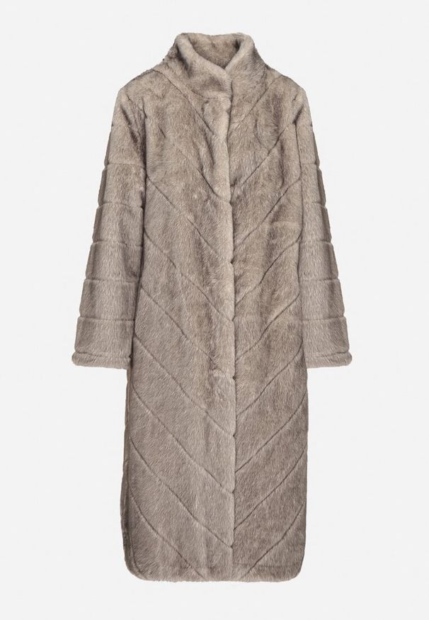 Born2be - Beżowy Długi Płaszcz Futerko z Ozdobnymi Przeszyciami i Stójką Zenima. Okazja: na co dzień. Typ kołnierza: kołnierzyk stójkowy. Kolor: beżowy. Materiał: futro. Długość: długie. Styl: klasyczny, casual, elegancki