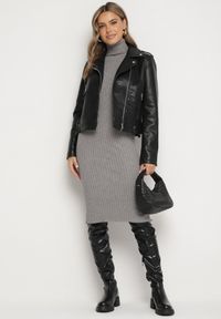 Born2be - Szara Sukienka Prążkowana o Dopasowanym Kroju z Golfem Kaszmirem Bawełną i Wełną Vaithessa. Okazja: na co dzień. Typ kołnierza: golf. Kolor: szary. Materiał: wełna, bawełna, prążkowany, kaszmir. Długość rękawa: długi rękaw. Styl: casual, elegancki #7