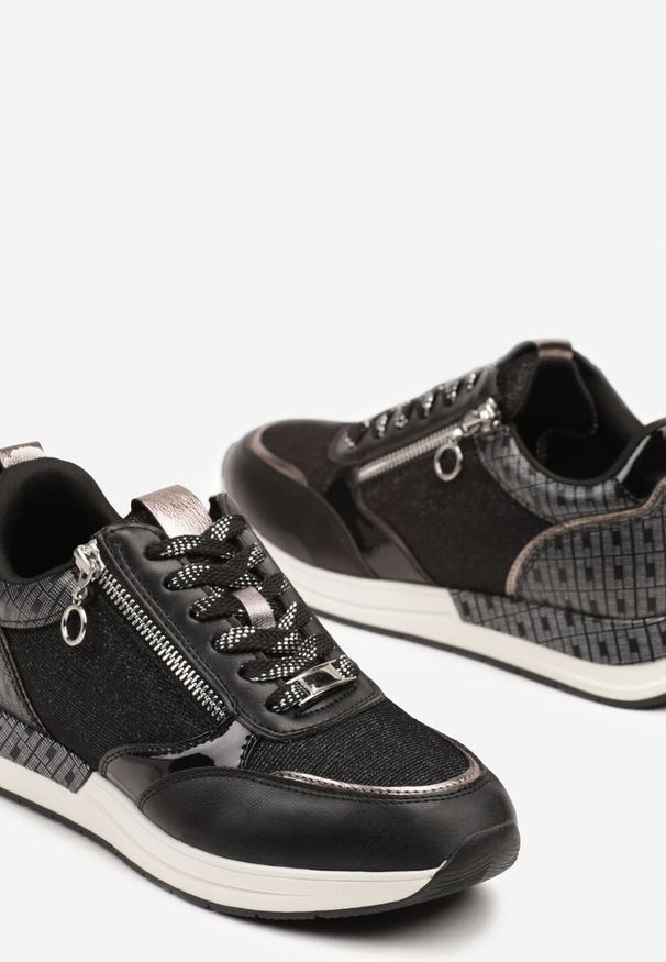 Born2be - Czarne Sneakersy z Ozdobnym Suwakiem i Skórzaną Wkładką Hanviera. Okazja: na co dzień. Kolor: czarny. Materiał: skóra. Wzór: aplikacja. Obcas: na obcasie. Wysokość obcasa: niski