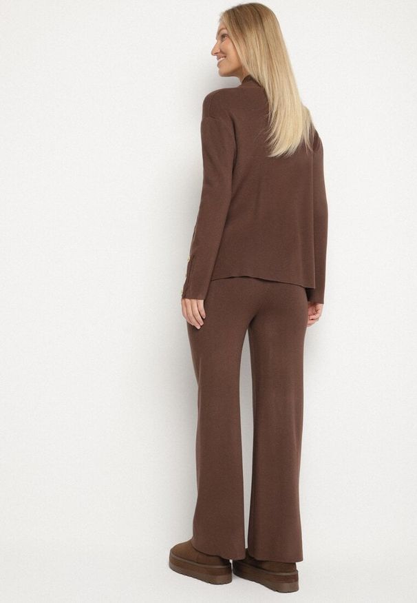Born2be - Brązowy Komplet Dzianinowy z Wiskozą Kardigan i Szerokie Spodnie Badire. Kolor: brązowy. Materiał: wiskoza, dzianina. Wzór: aplikacja
