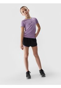 4F JUNIOR - T-shirt sportowy szybkoschnący dziewczęcy - fioletowy. Kolor: fioletowy. Materiał: syntetyk, elastan, materiał, włókno, dzianina. Wzór: ze splotem, nadruk, jednolity, gładki. Styl: sportowy