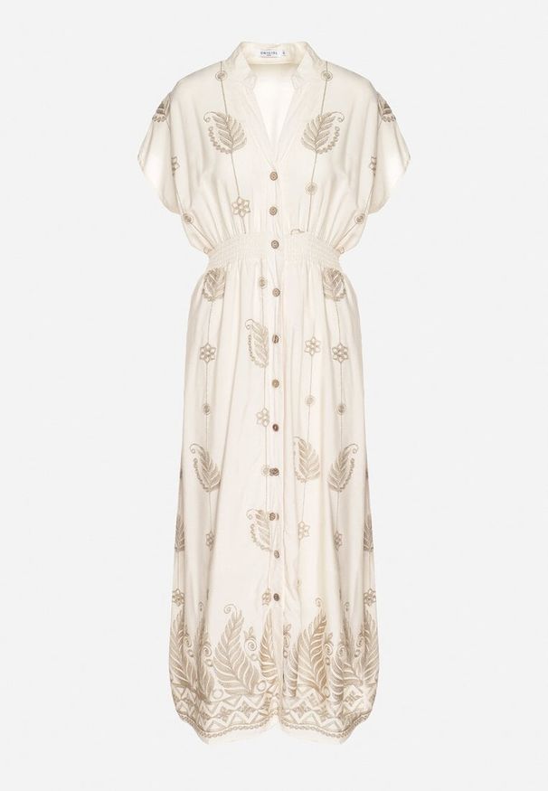 Born2be - Beżowa Koszulowa Sukienka z Bawełną Ozdobiona Metaliczną Nicią Tirlio. Okazja: na co dzień, na spacer. Kolor: beżowy. Materiał: bawełna. Wzór: aplikacja. Typ sukienki: koszulowe. Styl: casual, elegancki, klasyczny