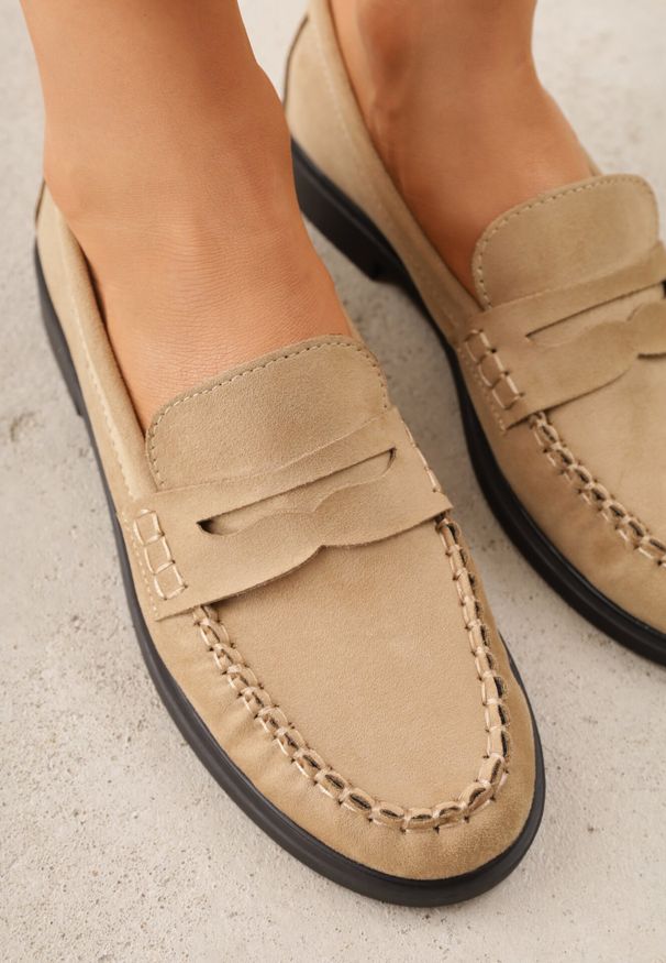 Born2be - Beżowe Mokasyny VICES ze Skórzaną Wkładką Ozdobione Przeszyciami Nicogeus. Okazja: na co dzień. Kolor: beżowy. Materiał: skóra. Wzór: aplikacja. Styl: casual, elegancki, klasyczny