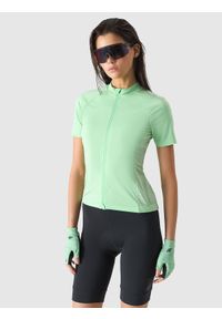4f - Koszulka rowerowa rozpinana damska - zielona. Kolor: zielony. Materiał: syntetyk, elastan, materiał, włókno, dzianina, skóra. Długość rękawa: krótki rękaw. Długość: krótkie. Wzór: ze splotem, jednolity, gładki. Sport: kolarstwo