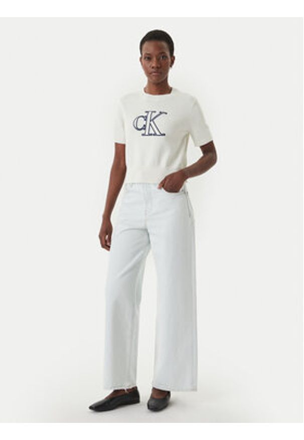 Calvin Klein Jeans Sweter LV047F356G Écru Regular Fit. Kolor: kremowy. Materiał: bawełna