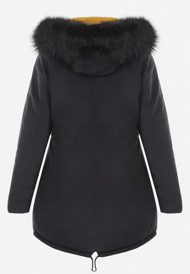 Born2be - Czarno-Żółta Kurtka Dwustronna Pikowana z Kapturem z Futerkiem Amerina. Okazja: na co dzień, na spacer. Typ kołnierza: kaptur. Kolor: czarny. Materiał: futro. Długość rękawa: długi rękaw. Długość: długie. Styl: klasyczny, casual