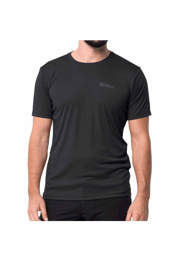 Koszulka sportowa męska Jack Wolfskin 18070726000. Kolor: czarny. Materiał: poliester. Długość rękawa: krótki rękaw. Długość: krótkie. Sport: turystyka piesza
