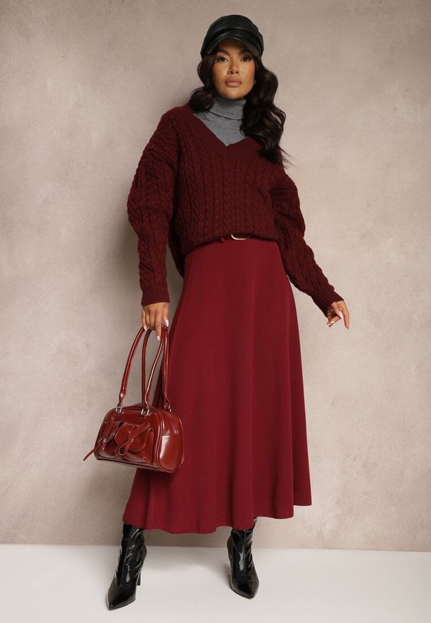 Renee - Bordowa Spódnica o Rozkloszowanym Kroju Melobi. Okazja: na co dzień. Stan: podwyższony. Kolor: czerwony. Styl: casual, elegancki