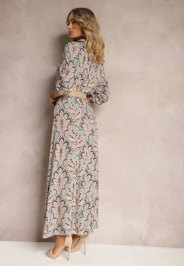 Renee - Miętowo-Różowa Koszulowa Sukienka z Dodatkowym Paskiem i Podpinanymi Rękawami Alonie. Kolor: miętowy. Typ sukienki: koszulowe