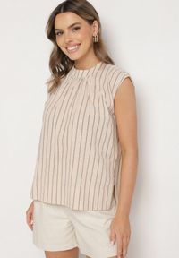 Born2be - Beżowa Bawełniana Bluzka Bez Rękawów z Lnem w Pionowe Paski Talurea. Okazja: na co dzień. Kolor: beżowy. Materiał: len, bawełna. Długość rękawa: bez rękawów. Wzór: paski. Styl: klasyczny, casual, elegancki #4