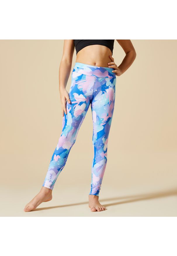DOMYOS - Legginsy do gimnastyki dla dzieci Domyos. Okazja: na uczelnię. Stan: podwyższony. Kolor: niebieski. Materiał: materiał, elastan, poliester. Styl: sportowy, elegancki