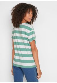 Shirt z bawełny organicznej bonprix zielony szałwiowy - biały w paski. Typ kołnierza: dekolt w serek. Kolor: zielony. Materiał: bawełna. Wzór: paski #6