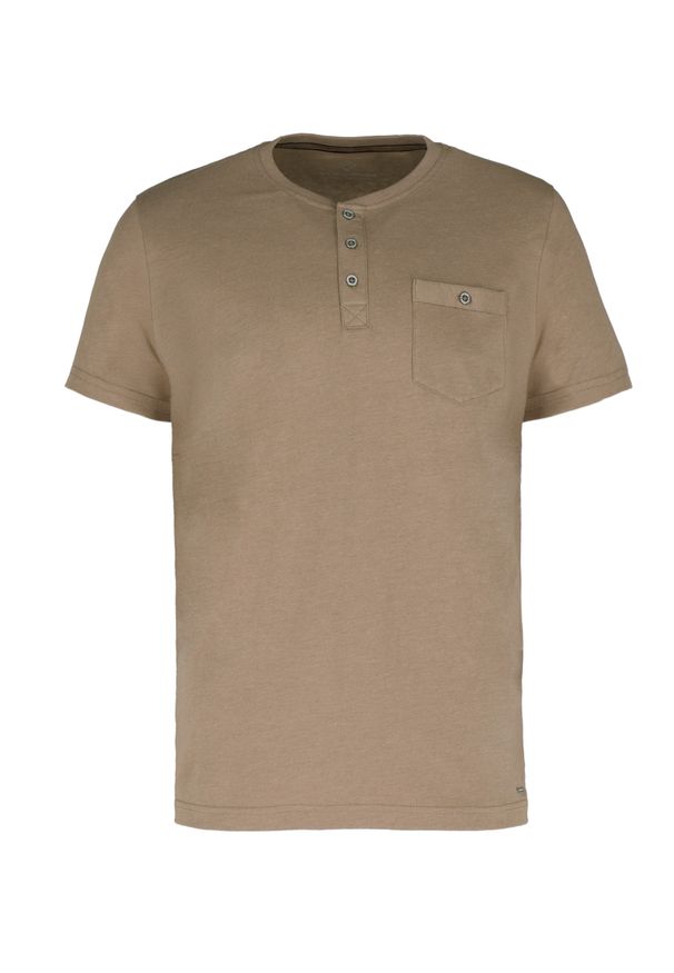 Volcano - T-shirt z dekoltem na guziki T-WARU. Okazja: na co dzień, na spacer. Typ kołnierza: typu henley. Kolekcja: plus size. Materiał: jeans, materiał, bawełna. Długość rękawa: krótki rękaw. Długość: krótkie. Wzór: melanż. Styl: klasyczny, casual, elegancki