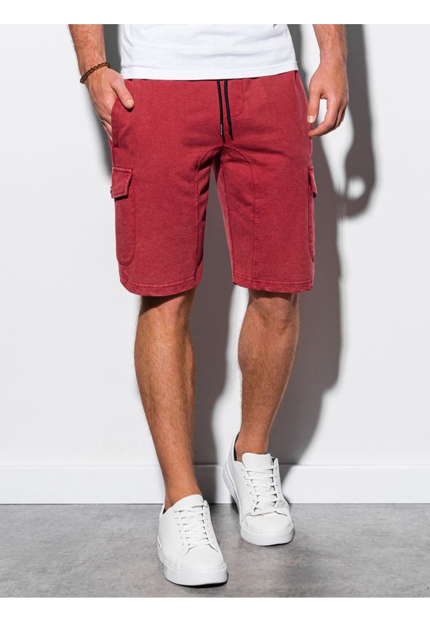 Ombre Clothing - Krótkie spodenki męskie dresowe W225 - czerwone - S. Kolor: czerwony. Materiał: dresówka. Długość: krótkie. Wzór: aplikacja