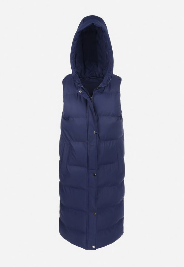 Born2be - Granatowa Kamizelka Długa z Kapturem Pikowana Ardrae. Typ kołnierza: kaptur. Kolor: niebieski. Materiał: materiał. Długość rękawa: bez rękawów. Długość: długie. Sezon: wiosna, jesień. Styl: klasyczny