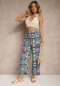 Renee - Zielono-Różowe Bawełniane Spodnie High Waist Szerokie we Wzór Boho Tolioria. Okazja: do pracy, na co dzień. Stan: podwyższony. Kolor: zielony. Materiał: bawełna. Styl: boho #3