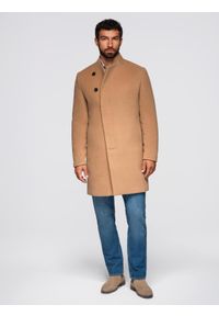 Ombre Clothing - Męski płaszcz z asymetrycznym zapięciem i wysokim kołnierzem – jasnobrązowy V4 - Rozmiar: XXL. Okazja: na co dzień. Kolor: brązowy. Materiał: syntetyk, wiskoza, poliester, materiał. Wzór: aplikacja, jednolity. Styl: wizytowy, casual, elegancki #6