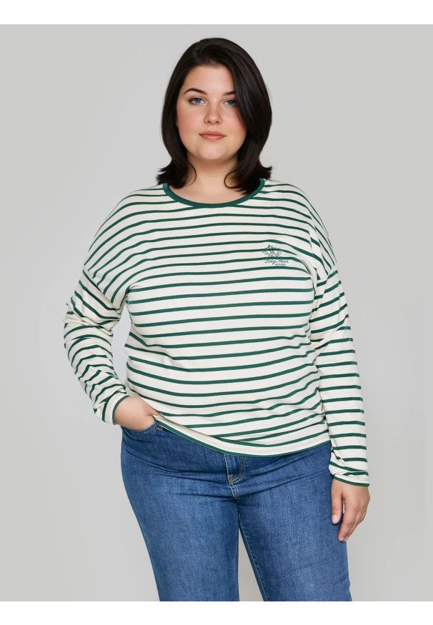 Big-Star - Bluzka damska w paski beżowo-zielone Alerra 304. Okazja: na co dzień. Kolor: zielony. Materiał: dzianina, jeans. Wzór: paski. Styl: casual