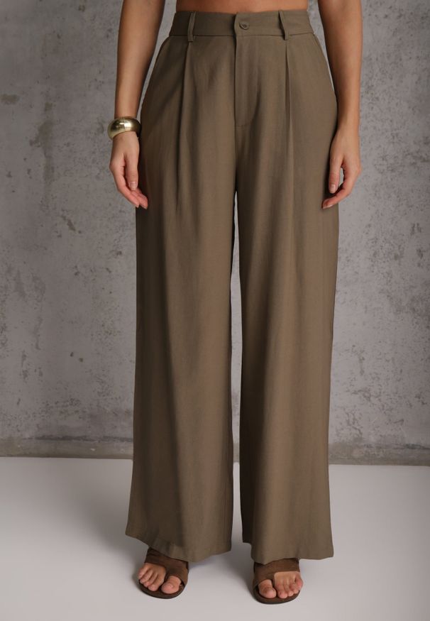 Renee - Zielony Wiskozowy Komplet z Lnem Spodnie Wide Leg i Bluzka o Kroju Marynarki Daprise. Kolor: zielony. Materiał: wiskoza, len