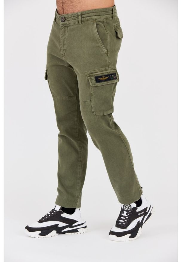Aeronautica Militare - AERONAUTICA MILITARE Zielone męskie spodnie bojówki. Okazja: na co dzień. Kolor: zielony. Materiał: bawełna, materiał, elastan. Styl: casual