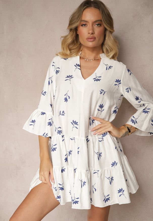 Renee - Biała Rozkloszowana Sukienka z Wiskozą Zdobiona Haftem i Falbanami Aliorra. Okazja: na spacer, na co dzień. Typ kołnierza: dekolt w kształcie V. Kolor: biały. Materiał: wiskoza. Wzór: haft, aplikacja. Typ sukienki: proste. Styl: casual, elegancki