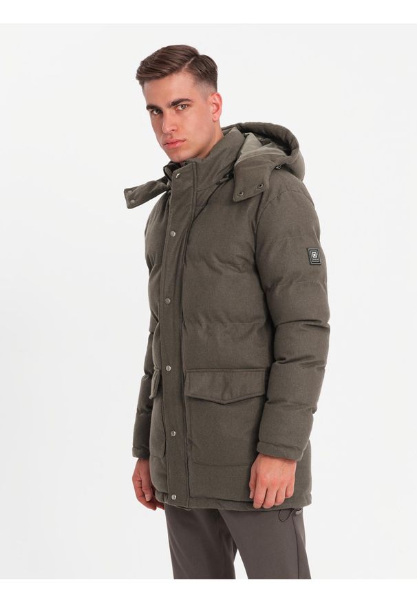 Ombre Clothing - Długa ciepła męska kurtka typu parka z wełną – ciemnooliwkowy melanż V4 OM-JALJ-0217 - XXL. Kolor: oliwkowy. Materiał: wełna. Długość: długie. Wzór: melanż