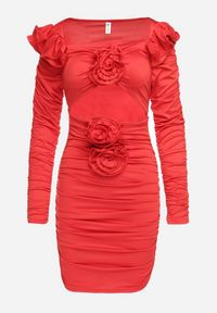 Born2be - Czerwona Drapowana Sukienka Mini z Rozcięciami i Kwiatami Jadinia. Kolor: czerwony. Wzór: kwiaty. Styl: elegancki. Długość: mini #5