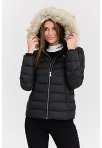 Tommy Jeans - TOMMY JEANS Czarna damska kurtka z futrem, Rozmiar XL. Kolor: czarny. Materiał: futro. Długość rękawa: długi rękaw. Długość: długie. Wzór: bez wzorów. Styl: elegancki