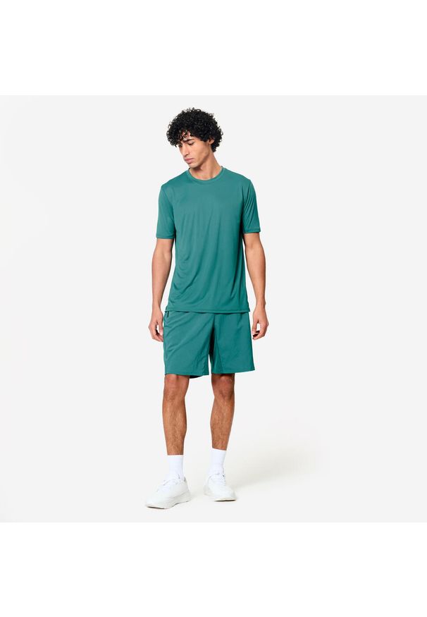DOMYOS - Koszulka fitness męska Domyos krótki rękaw. Kolor: wielokolorowy, niebieski, zielony. Materiał: poliester, materiał. Długość rękawa: krótki rękaw. Długość: krótkie. Sport: fitness