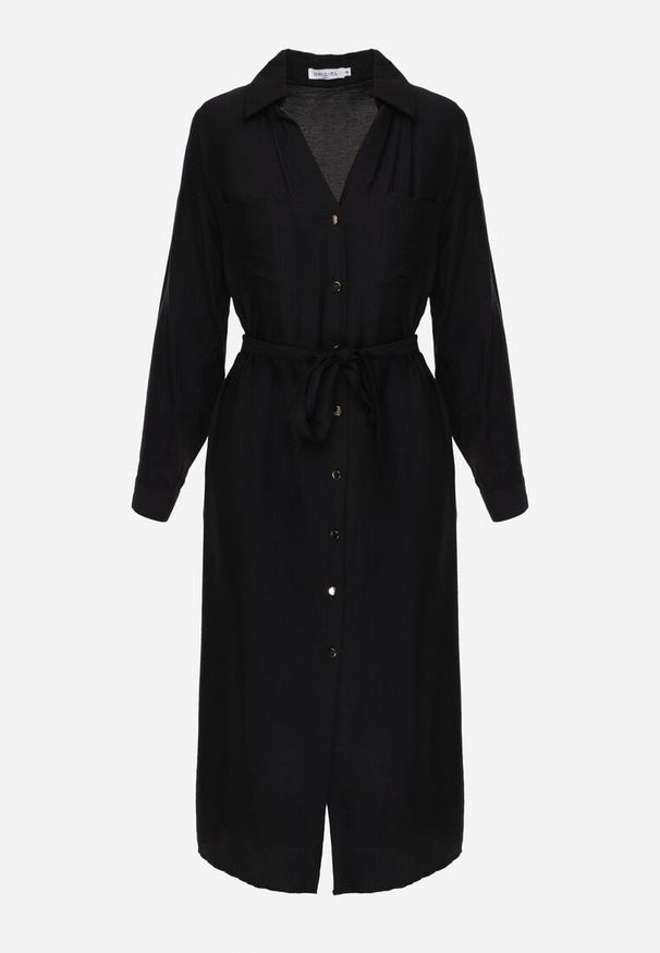 Renee - Czarna Sukienka z Wiskozą o Koszulowym Kroju z Wiązanym Paskiem Rissanni. Kolor: czarny. Materiał: wiskoza. Typ sukienki: koszulowe. Styl: elegancki, klasyczny