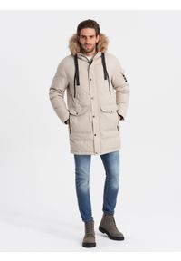 Ombre Clothing - Kurtka męska parka zimowa - beżowa V5 - Rozmiar: L. Kolor: beżowy. Materiał: poliester, futro. Długość: długie. Wzór: aplikacja. Sezon: zima