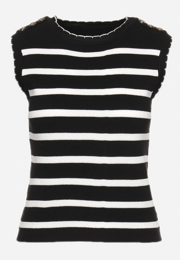 Born2be - Czarna Bluzka Top w Paski z Ozdobnymi Guzikami na Ramionach Waveline. Okazja: na co dzień, do pracy, na spotkanie biznesowe. Kolor: czarny. Materiał: jeans. Wzór: paski. Styl: casual, elegancki, biznesowy, klasyczny